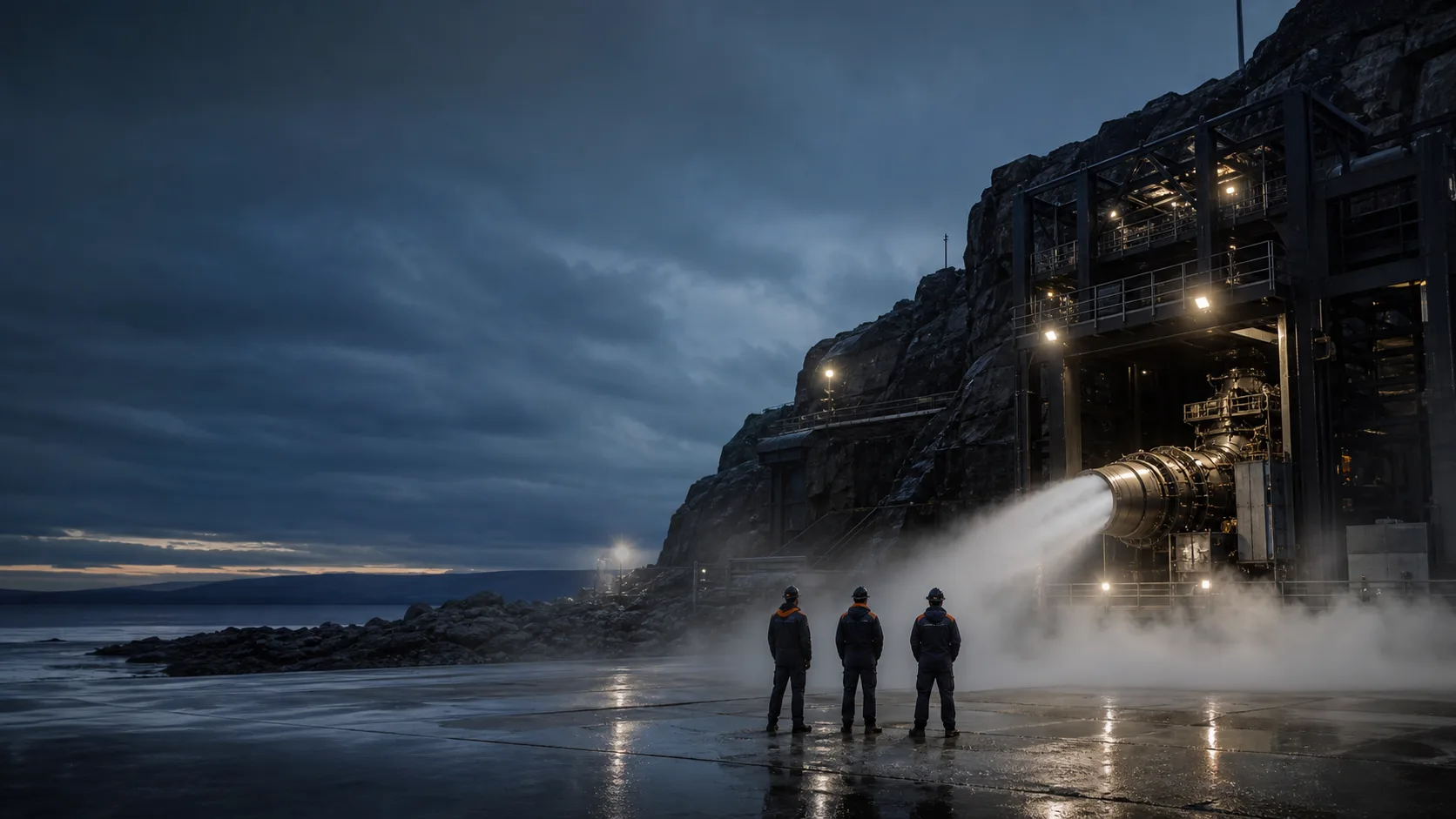 A full-scale propulsion system undergoing verification at a remote coastal test range