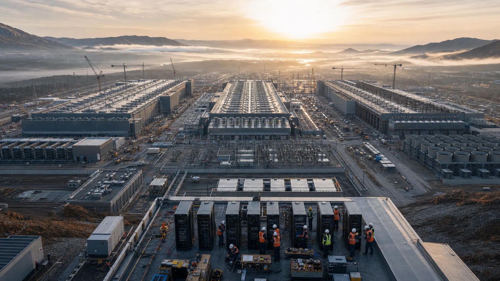 A large compute campus expanding across an industrial plain