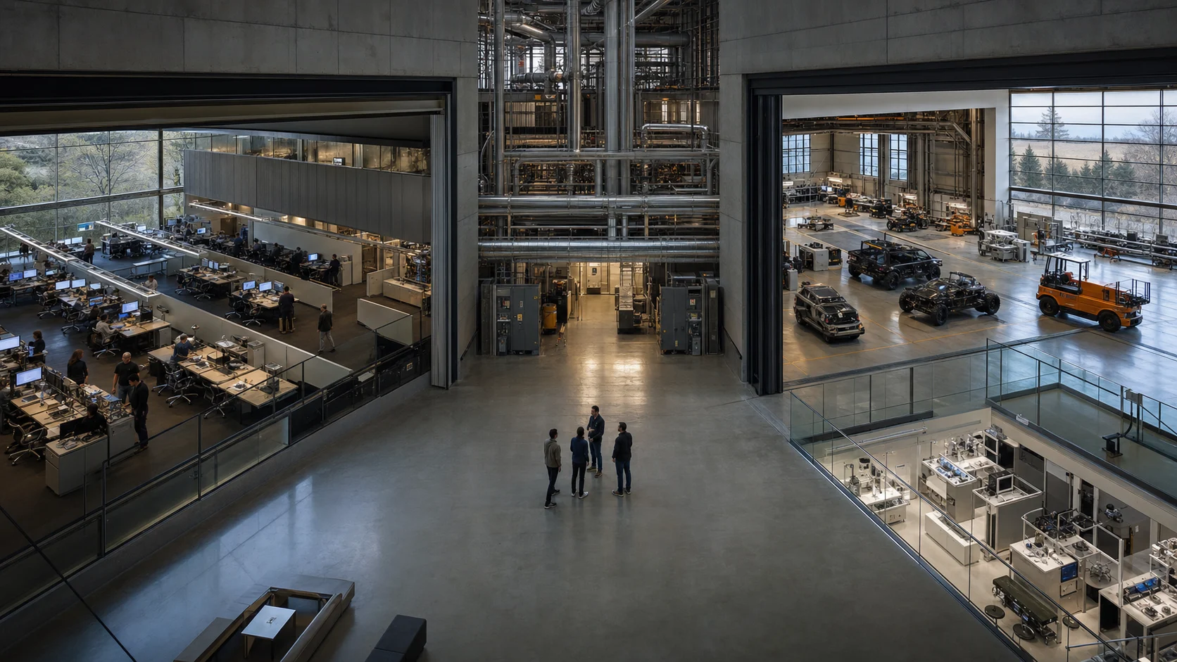 Three connected research and manufacturing halls