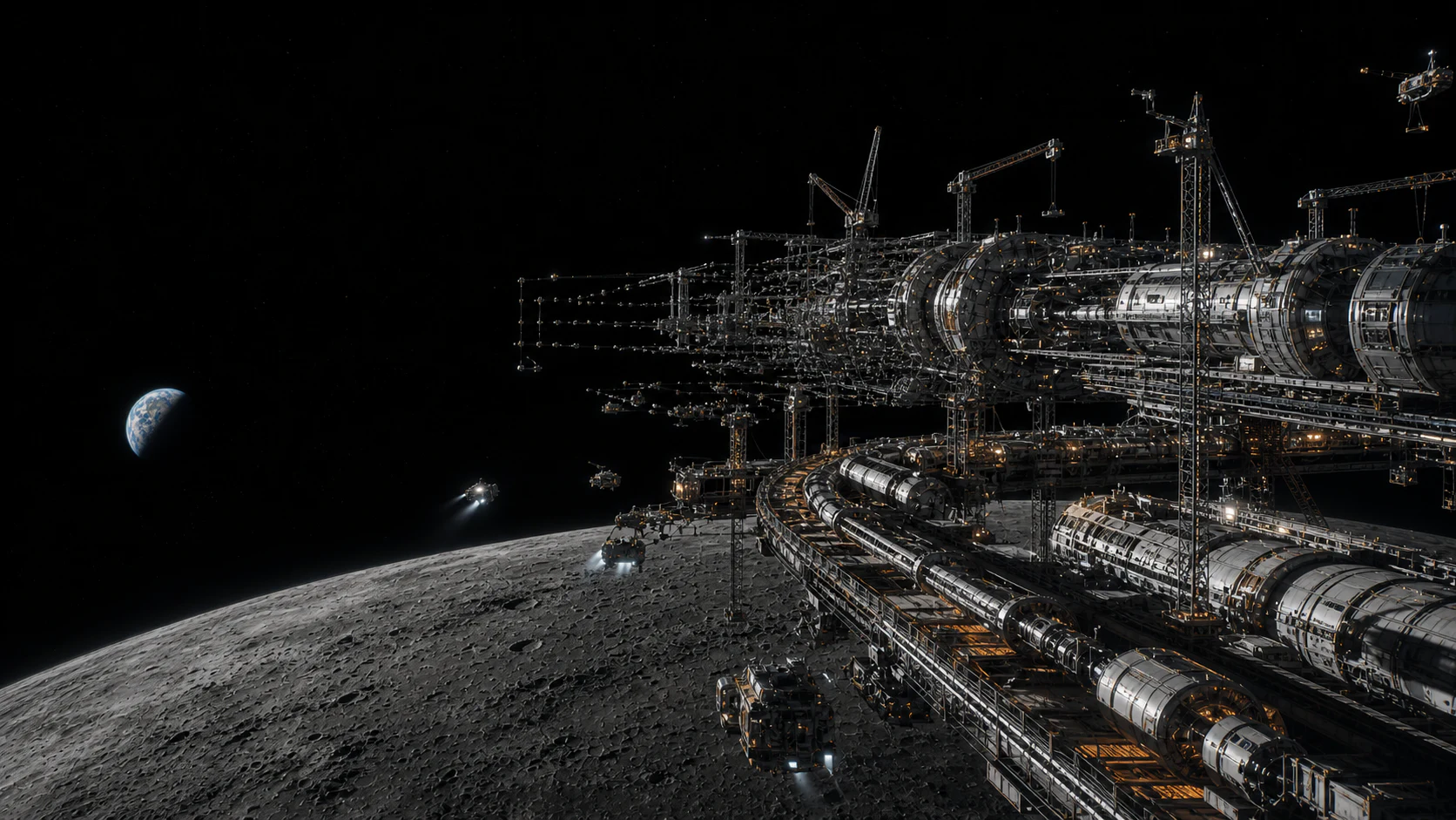 A vast construction port connecting Earth and the Moon